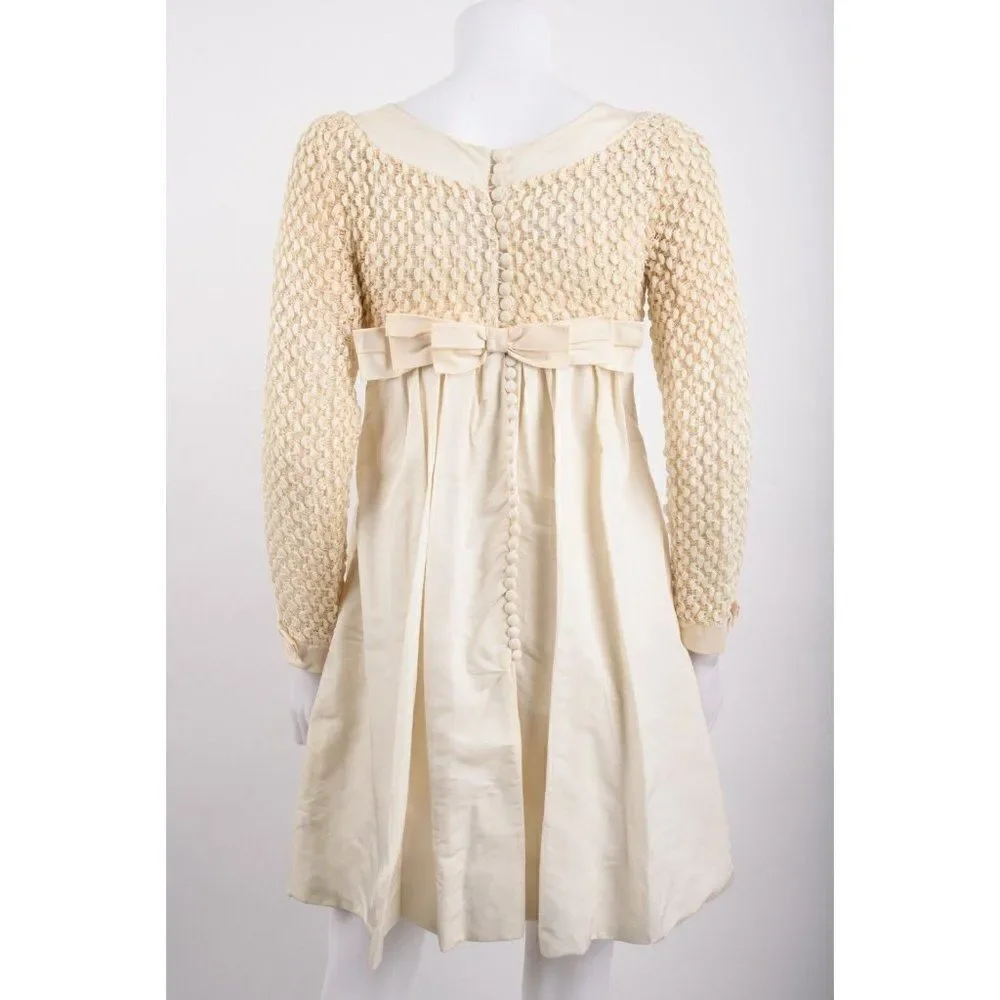 Vintage 1960s Womens Party Dress Beige ecru Popcorn Ribbon Weave Bodice XS S